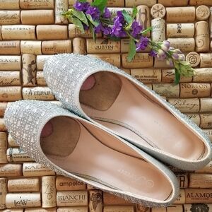 Silver Rhinestone Embellished Short Heels/Almost Flats (Size 8).
